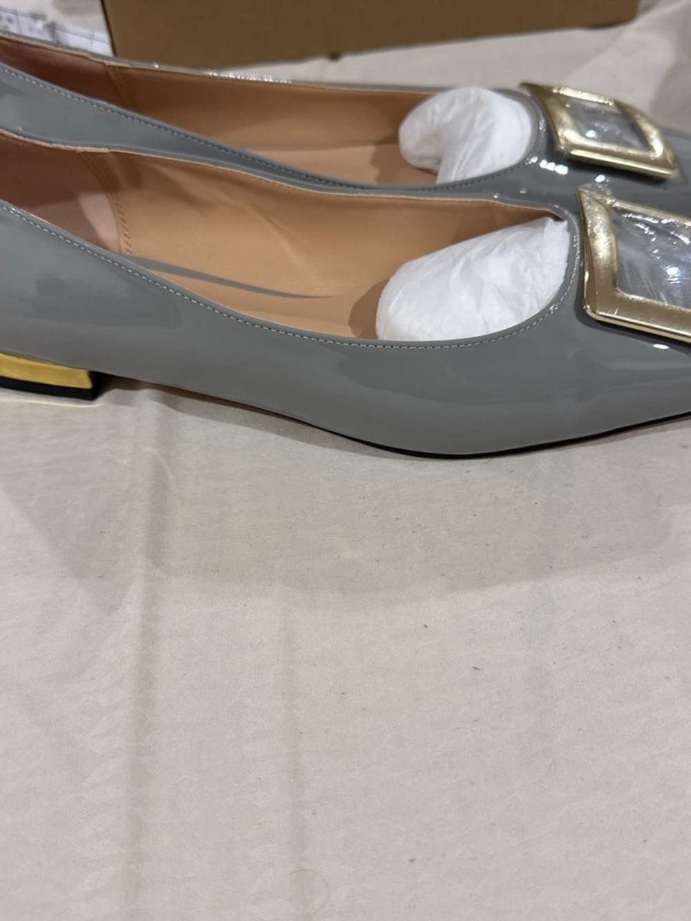 Grey Patent Square-Toe Women’s Flats with Gold Accent
